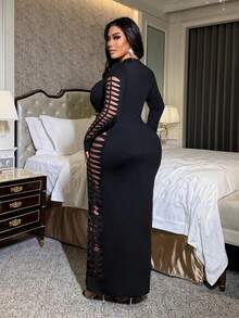 NU&NOW 大码女士性感透视激光镂空长袖连衣裙，适合日常、办公、外出、派对、聚会等多种场合。 - 黑色 - 查看 2