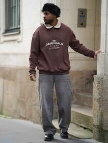 Heavens Edit 新款男士拼接羊羔绒领卫衣，时尚休闲，秋冬款 - 棕色 - 查看 1