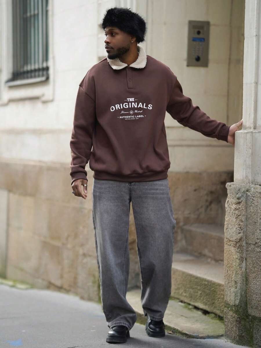 Heavens Edit 新款男士拼接羊羔绒领卫衣，时尚休闲，秋冬款 - 棕色 - 查看 1