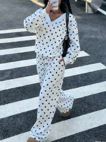 SHEIN EZwear 两件套女士波点宽松V领上衣和裤子套装 - 黑與白 - 查看 6