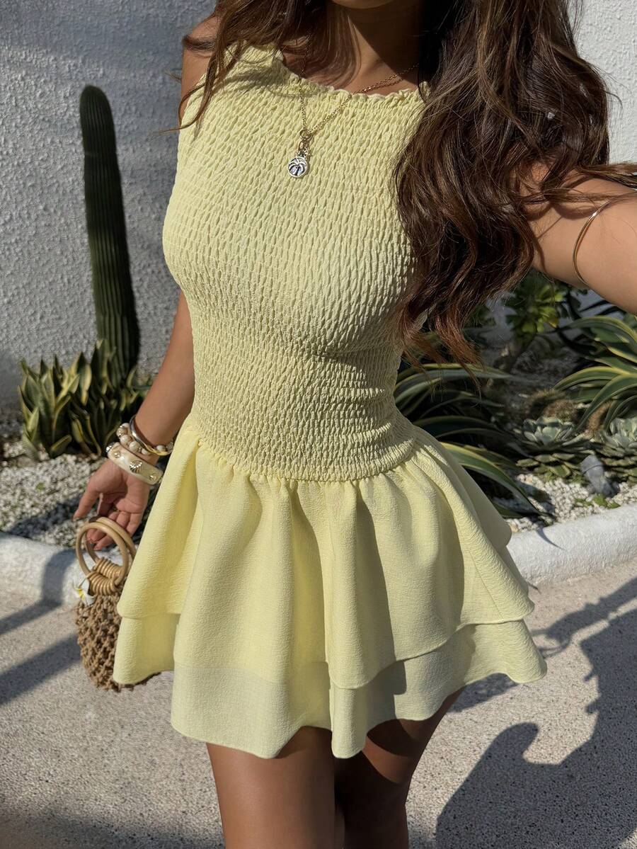 SHEIN SunnyBelle Women's Yellow Cinched Waist A-Line Short Dress, Sweet & Cute Academic Style, Fashionable Casual Vacation Beach Outfit, Daily Wear - Yellow - View 1