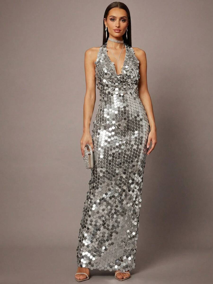 Silquee Đầm ôm sát đính sequin cổ khoét sâu hở lưng thanh lịch dành cho nữ dự tiệc - Bạc - Xem 1
