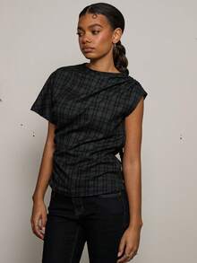 COUREZ Áo dệt kẻ caro tay ngắn bất đối xứng / Phong cách đường phố mùa xuân Y2K dễ thương, áo đi chơi thường ngày, áo dự tiệc, áo mùa hè - màu đen - Xem 4