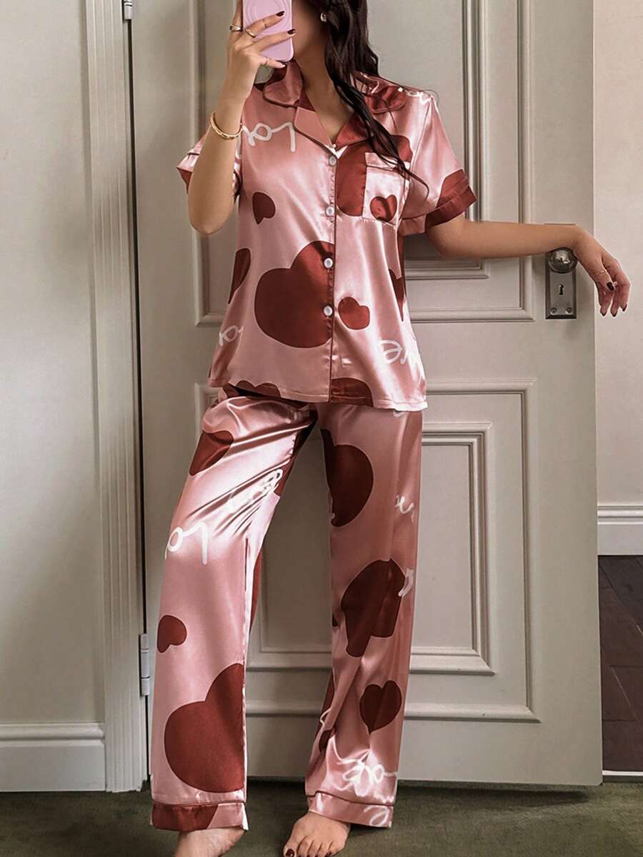 Dream Adore Heart & Letter Print Satin Pocket Short Sleeve Pajama Set For Women - Red - View 1