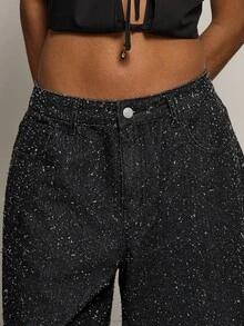COUREZ Quần short denim cạp thấp dáng rộng, chất liệu denim sần/phong cách Y2K mùa xuân cho nữ, kiểu quần dễ thương, gợi cảm để đi chơi, dự tiệc, lễ hội, quần jogger mùa hè, quần short denim. - màu đen - Xem 7