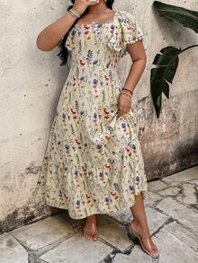 Breezaya Robe bohème à col volant avec imprimé floral épars, pour femme, adaptée aux pique-niques printaniers, sorties de Pâques, vacances d'été à la plage, rendez-vous de la Saint-Valentin - Multicolore - Voir 3