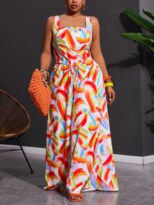 Slaydiva 2025新款春夏度假休闲卡其色鱼骨吊带上衣和阔腿裤两件套，带口袋，纹理面料，大码女式彩色连体裤印花连体裤女式连体裤女式连衣裙阔腿连体裤 - 彩色 - 查看 9