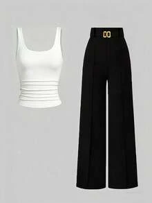 SHEIN Unity Women's Elegant Summer Office Two Piece Outfit,Plain Black And White Scoop Neck Camisole Top And Wide Leg Pants Set With Zipper,Chic Greece Outfits - Black and White - View 7