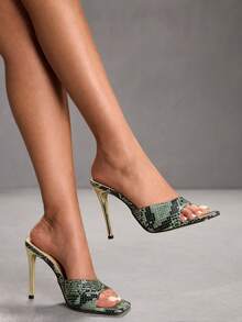 CUCCOO SZL Women's Fashion Daily Wear Slip-On High Heel Sandals - Green snake pattern - View 8