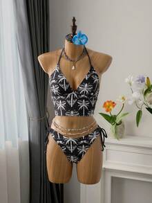 Bellisia Women's Tropical Floral Print Halter Tankini Swimsuit Set,Tank Top And Drawstring Bikini Bottoms,Beach Outfit, Vacation Bikini Set, Swimsuits For Woman 2 Piece - Black and White - View 1