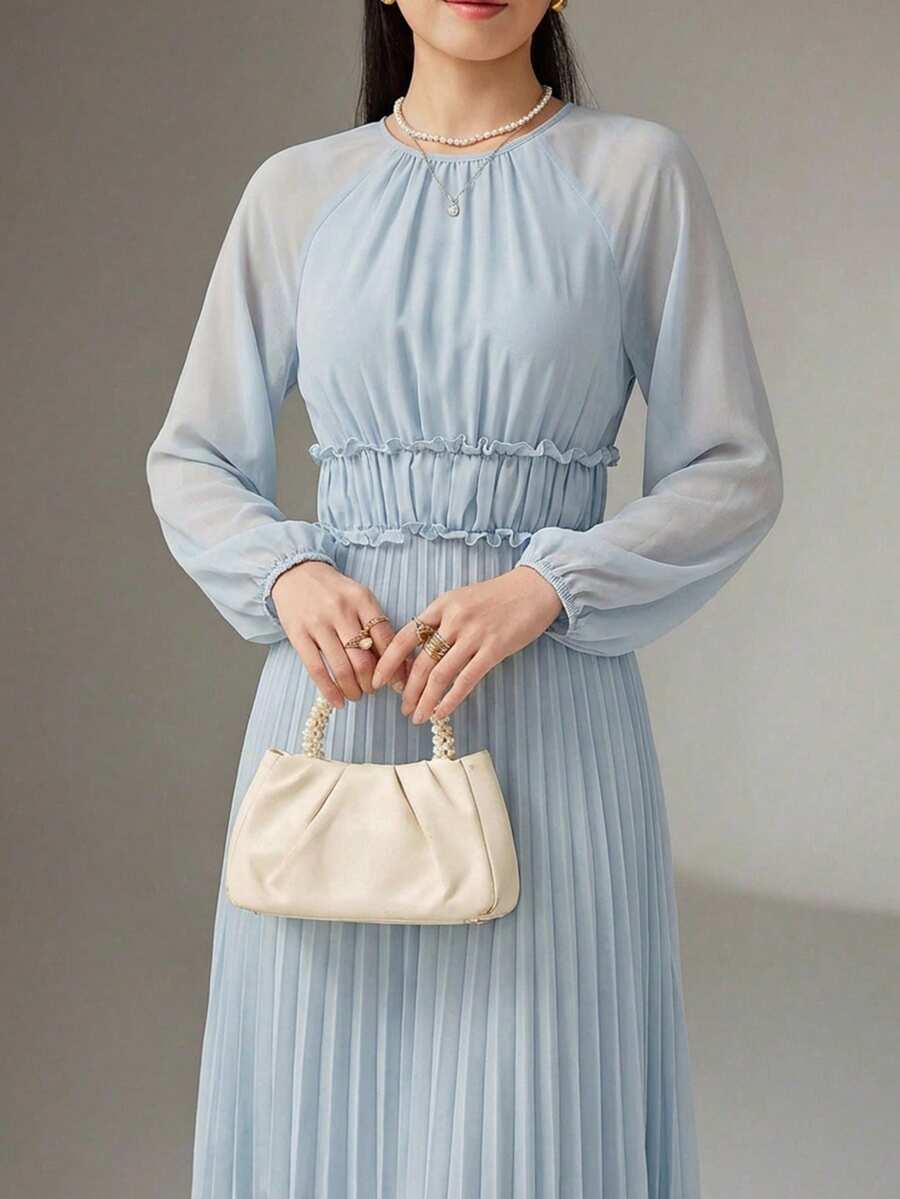 Heiryn Đầm midi xếp ly thanh lịch, thời trang dành cho nữ, viền bèo nhún. - Màu xanh lam - Xem 1