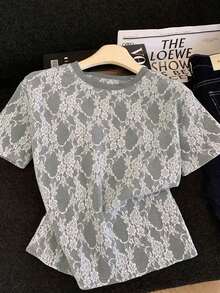 Nubod 春夏时尚休闲度假风百搭日常大码女式蕾丝边圆领落肩短袖T恤沙滩装 - 灰色 - 查看 4