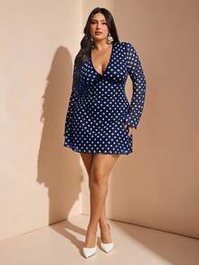 SHEIN BAE Đầm mùa hè dáng rộng tay dài cổ chữ V chấm bi dành cho nữ cỡ lớn - Màu xanh hải quân - Xem 3