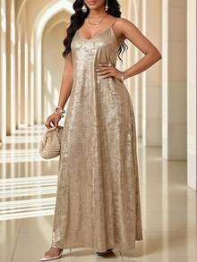 Fleurora 大码女士时尚派对亮片吊带裙 - 金色 - 查看 5