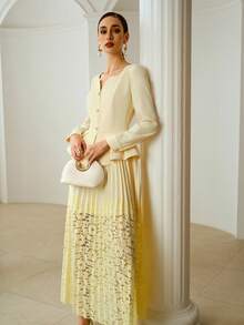 ZEYLAH Elegant Lace Patchwork Long Dress For Women - Yellow - View 6