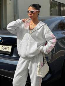 Muchica 2pcs/Set Women Pink Knitted Hoodie Top And Pants - Light Grey - View 6