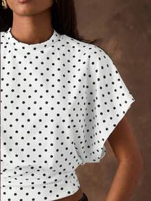 SHEIN BAE Women's Polka Dot Fitted Short Sleeve Fashionable Cropped Summer T-Shirt - White - View 3