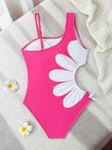 SHEIN 1pc Tween Girls Casual Side Hollow Design White Floral One-Piece Swimsuit - Hot Pink - View 2
