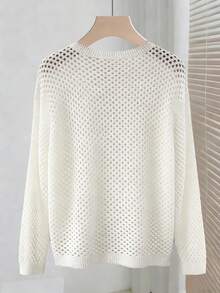 Chiquease 女士春夏休闲优雅日常派对菱形图案百搭纯色船领修身镂空亮片长袖插肩针织套头衫，女士白色上衣，女士派对，女士度假，女士闪亮上衣，亮片，镂空，女士度假钩针编织镂空上衣 - 白色 - 查看 2
