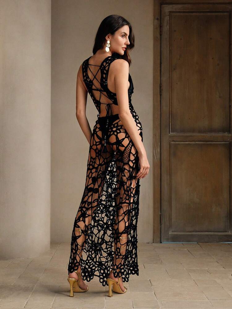 Women's Black Sleeveless Hollow-Out Long Cover Up With Back Tie Design, Summer