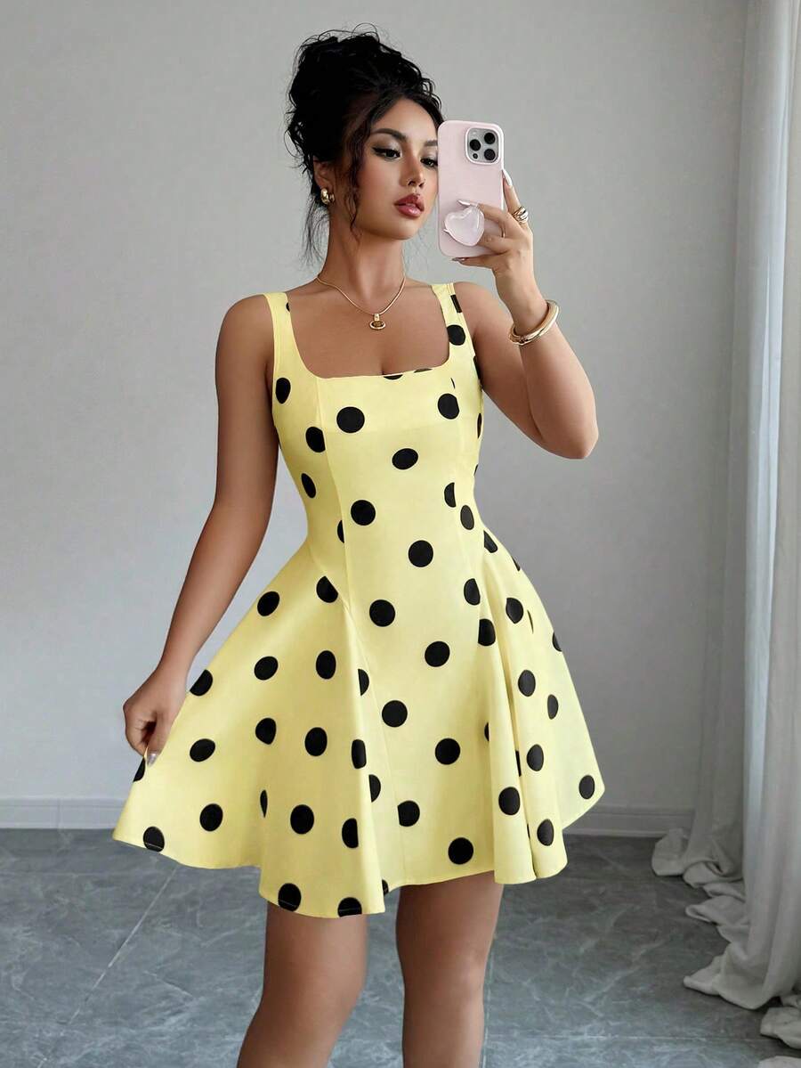 Elenzga 方领黑色波点优雅短裙 - 淡黃色 - 查看 1