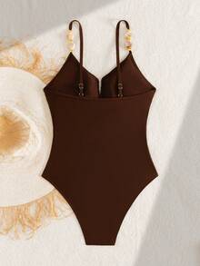 Swim Chiccia 女士优雅可调节串珠肩带连体泳衣，修身性感，适合海滩、海岛、度假村和休闲场合 - 咖啡棕 - 查看 5