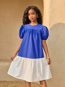 Tween Girls Casual Cute Vacation Midi Dress, Blue & White Patchwork With Bow Back, Sundress - Multicolor - View 4