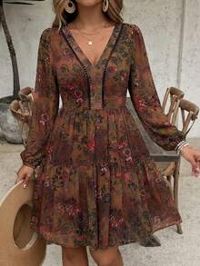 SHEIN VCAY 大码女式休闲度假腰果印花露背灯笼袖连衣裙棕色波西米亚风女装乡村佩斯利花纹露背浪漫 - 咖啡棕 - 查看 2