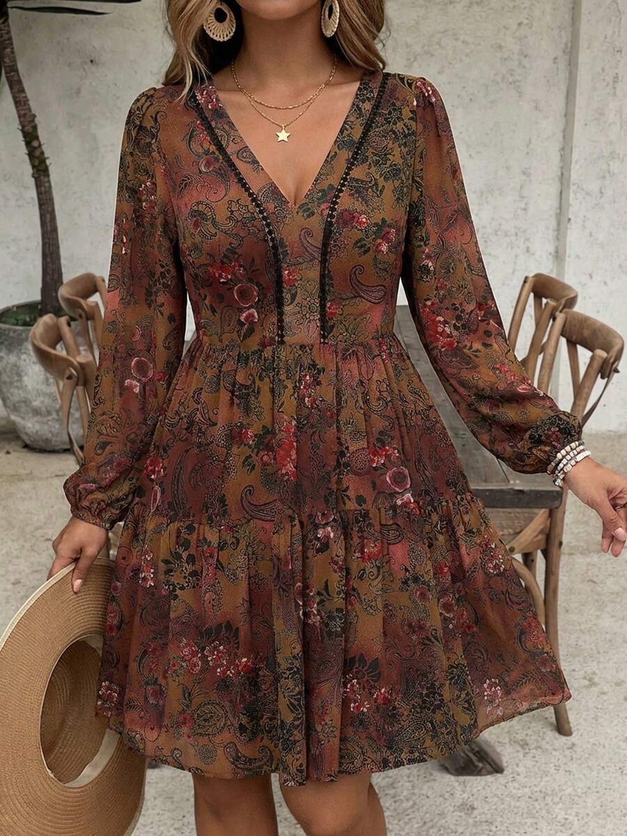 SHEIN VCAY 大码女式休闲度假腰果印花露背灯笼袖连衣裙棕色波西米亚风女装乡村佩斯利花纹露背浪漫