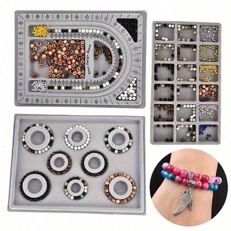 [3 Pcs Bead Tray] 1pc/2pcs/3pcs Bead Tray DIY Bead Design Plate, For Making Bracelets And Necklaces, Shaping Measurement DIY Tools - Grey - View 1