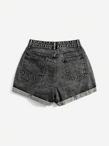 SHEIN EZwear 时尚夏季休闲做旧卷边牛仔短裤，带腰带环 - 淺灰色 - 查看 2