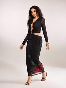 plantica Casual Sexy Urban Chic Minimalist Floral Hollow-Out Long Sleeve Bodycon Metal Button Dress, Suitable For Outings, Travel, Dates, Parties, Holidays, Valentine's Day, Spring/Summer,Going Out,Sexy, Elegant,, Wedding Guest, Music Festival, Musician, Night Club - Multicolor - View 6