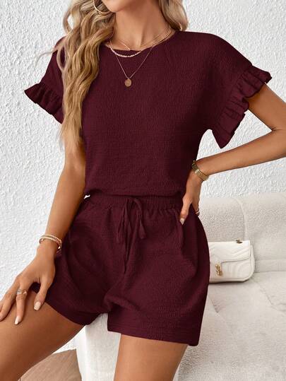 SHEIN Essnce 2 piezas Conjunto de top de manga corta y shorts de cintura elástica para mujer