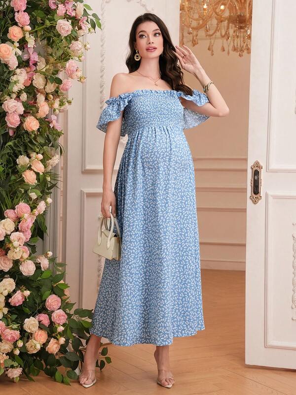 SHEIN Maternity Ditsy Floral Frill Off-Shoulder Bodycon Dress