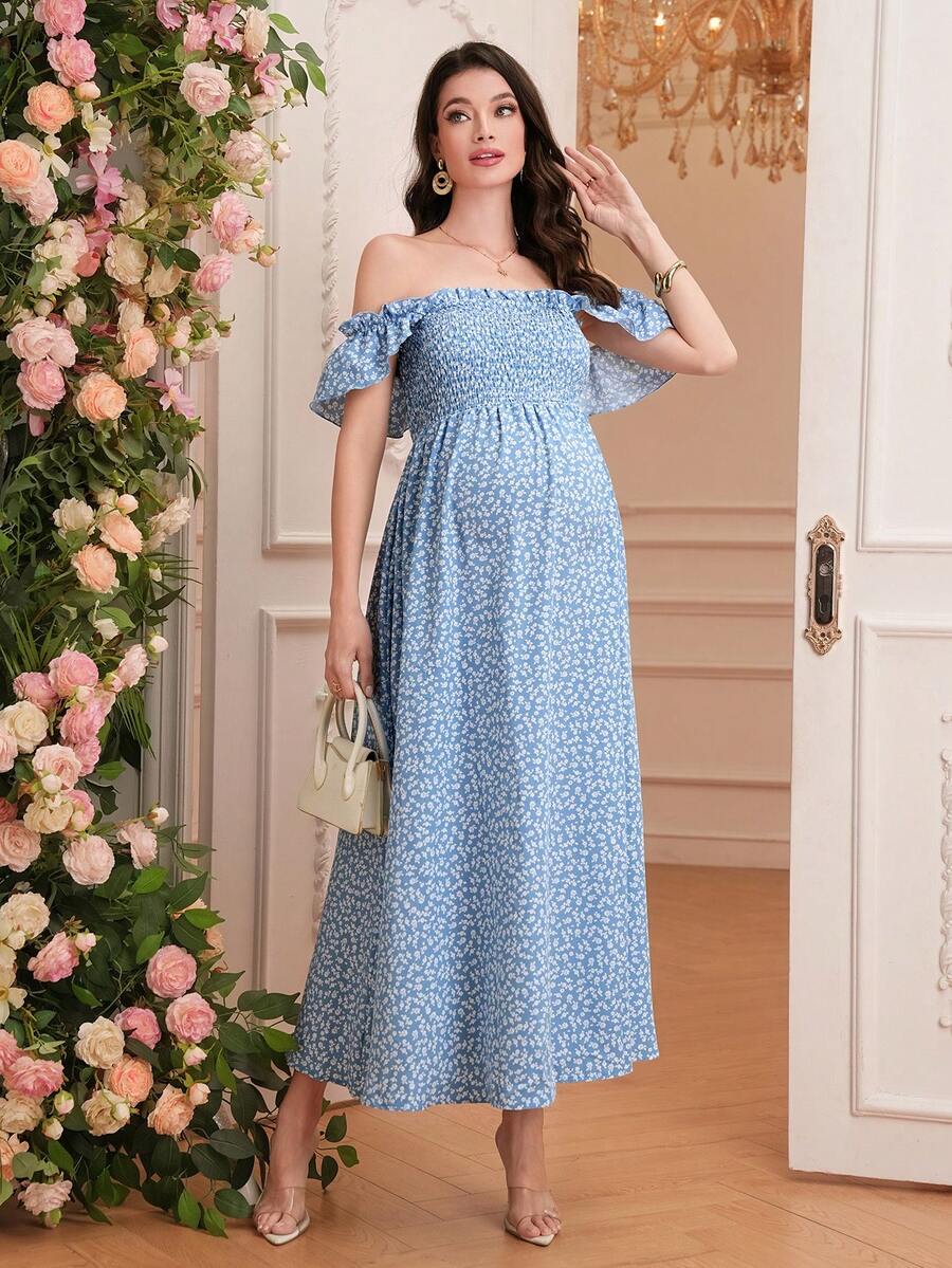 SHEIN Maternity Ditsy Floral Frill Off-Shoulder Bodycon Dress - Dusty Pink - View 1