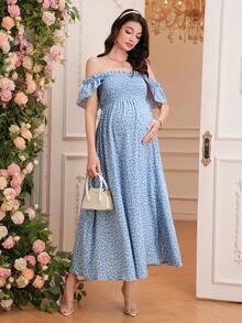 SHEIN Maternity Ditsy Floral Frill Off-Shoulder Bodycon Dress - Dusty Pink - View 4