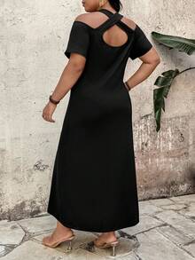 Elenzga Plus Size Women Halter Neck Short Sleeve Bodycon Dress - Black - View 2