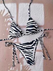 Swim Vcay Women's All-Over Print Halter Twist Front Bikini Set Zebra Print Bikini Animal Print Bathing Suit Tie Bikini Set Bathing Suit Sets Stripe Bikini - Multicolor - View 2