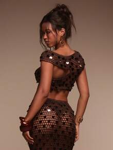 MUSERA Open Knit Sequin Off-The-Shoulder Crop Top Only Cover Up Swim Vacation Holiday Summer Travel Beachwear Terra Sol - Chocolate Brown - View 4