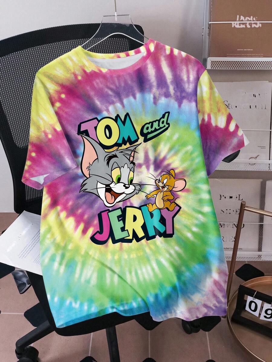 TOM & JERRY X SHEIN Men's Letter & Cartoon Pattern Tie-Dye Crew Neck Short Sleeve T-Shirt - White - View 1