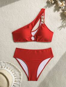 Swim Basics Conjunto de bikini de unicolor para vacaciones en la playa - Rojo - Ver 3