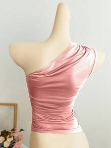 Elamini Áo kiểu ôm sát màu mơ, xếp ly, bất đối xứng vai, thời trang tối giản, thanh lịch, đa năng cho mặc hàng ngày và đi làm, mùa xuân/hè. - Màu Hồng baby - Xem 2