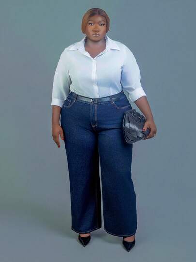 CurvyTilda MUSERA 加大码中腰阔腿中蓝洗银色纽扣细节牛仔裤中腰休闲秋季秋冬夜间外出返校办公室工作约会夜核心牛仔裤