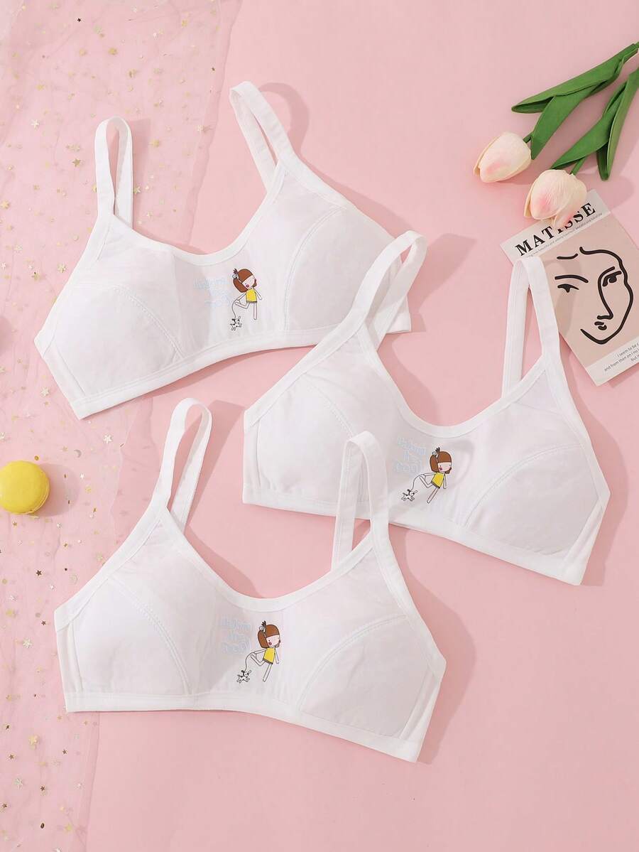 3pcs/Set Girls Cartoon Print Camisole Bra Set, Wireless Comfortable Suitable For All Seasons - White - View 1