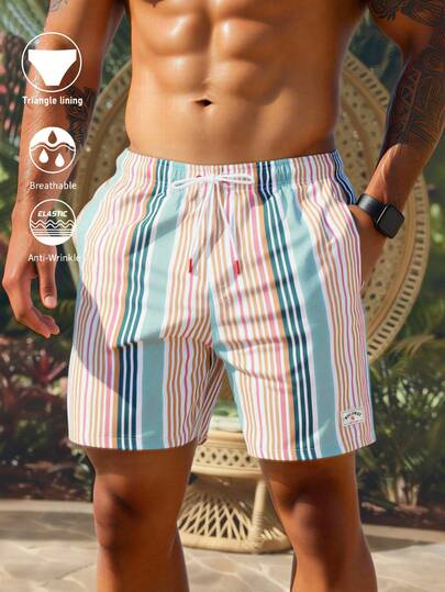 Horizaway Men's Summer Vacation Style Contrast Stripe Print Drawstring Waist Beach Shorts With Triangle Lining