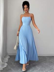 SHEIN Raffinéa Đầm hè thanh lịch, nhẹ nhàng, dáng ôm sát với hiệu ứng xếp nếp, cổ vuông, dây mảnh, lưng hở, thiết kế nơ, eo cao, dáng chữ A, giúp tôn dáng. - Màu xanh nhạt - Xem 8