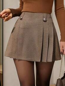 Ellegaria. Women's Plaid Print Fold Pleated Elegant A-Line Skirt - Khaki - View 3