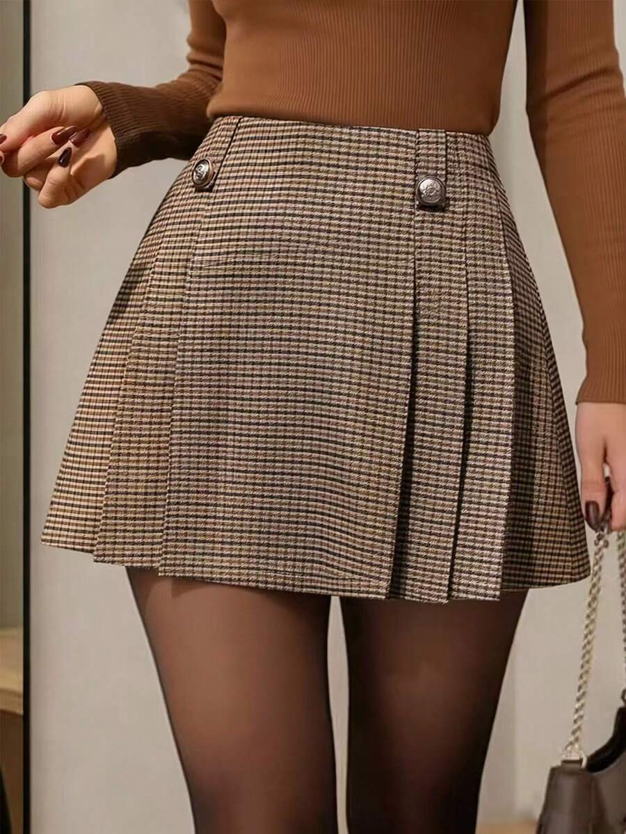 Ellegaria. Women's Plaid Print Fold Pleated Elegant A-Line Skirt - Khaki - View 1