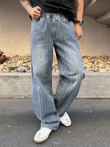 DAZY Quần jeans nam cạp chun màu xanh dương trơn, chất liệu vải sọc, kiểu dáng mùa xuân. - Màu xanh lam - Xem 4
