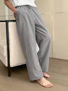 DAZY Pantalones de estar por casa con cintura elástica a rayas grises para hombres, primavera/verano - Gris - Ver 5